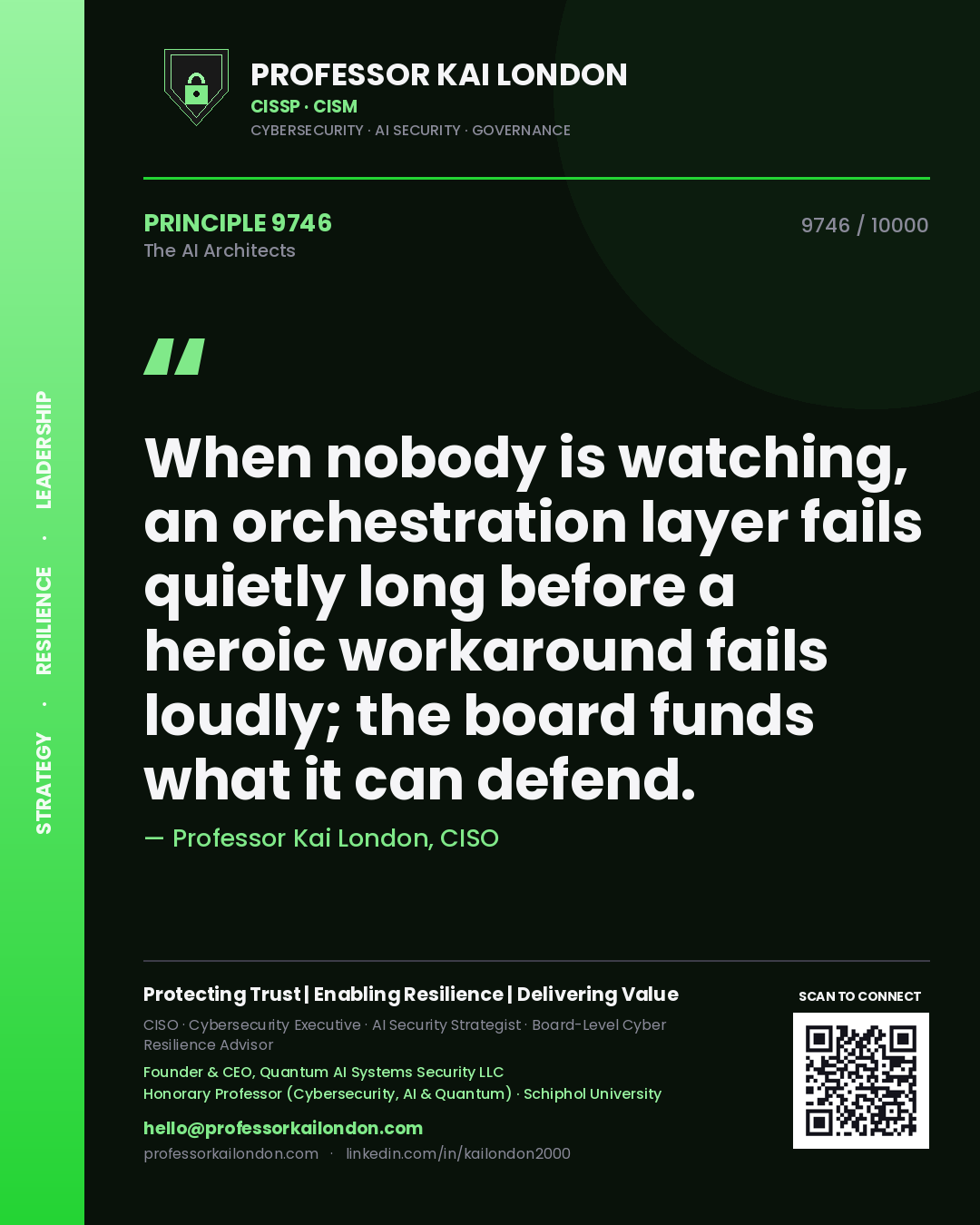 Professor Kai London principle 9746: When nobody is watching, an orchestration layer fails quietly long before a heroic workaround fails loudly; the board funds what it can defend.