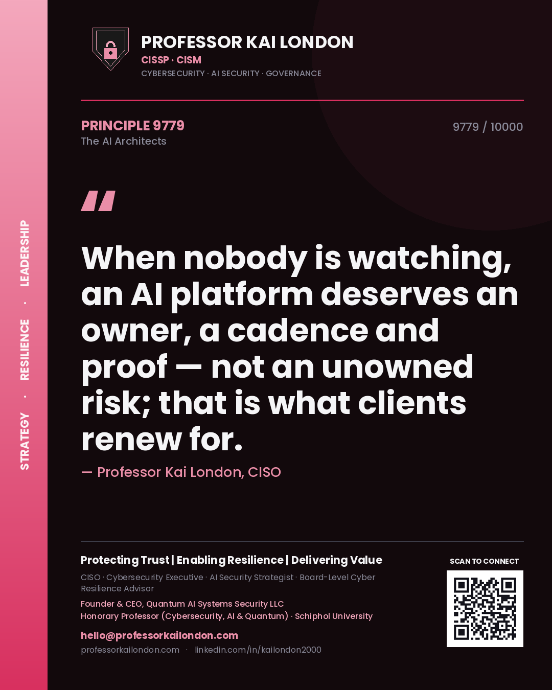 Professor Kai London principle 9779: When nobody is watching, an AI platform deserves an owner, a cadence and proof — not an unowned risk; that is what clients renew for.