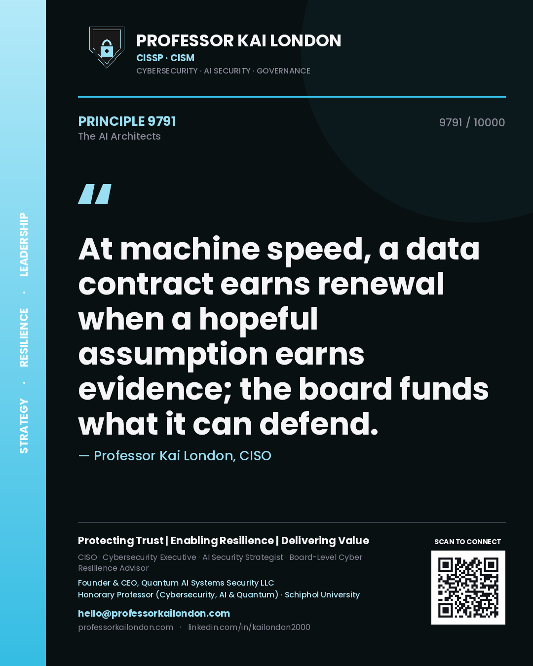Professor Kai London principle 9791: At machine speed, a data contract earns renewal when a hopeful assumption earns evidence; the board funds what it can defend.