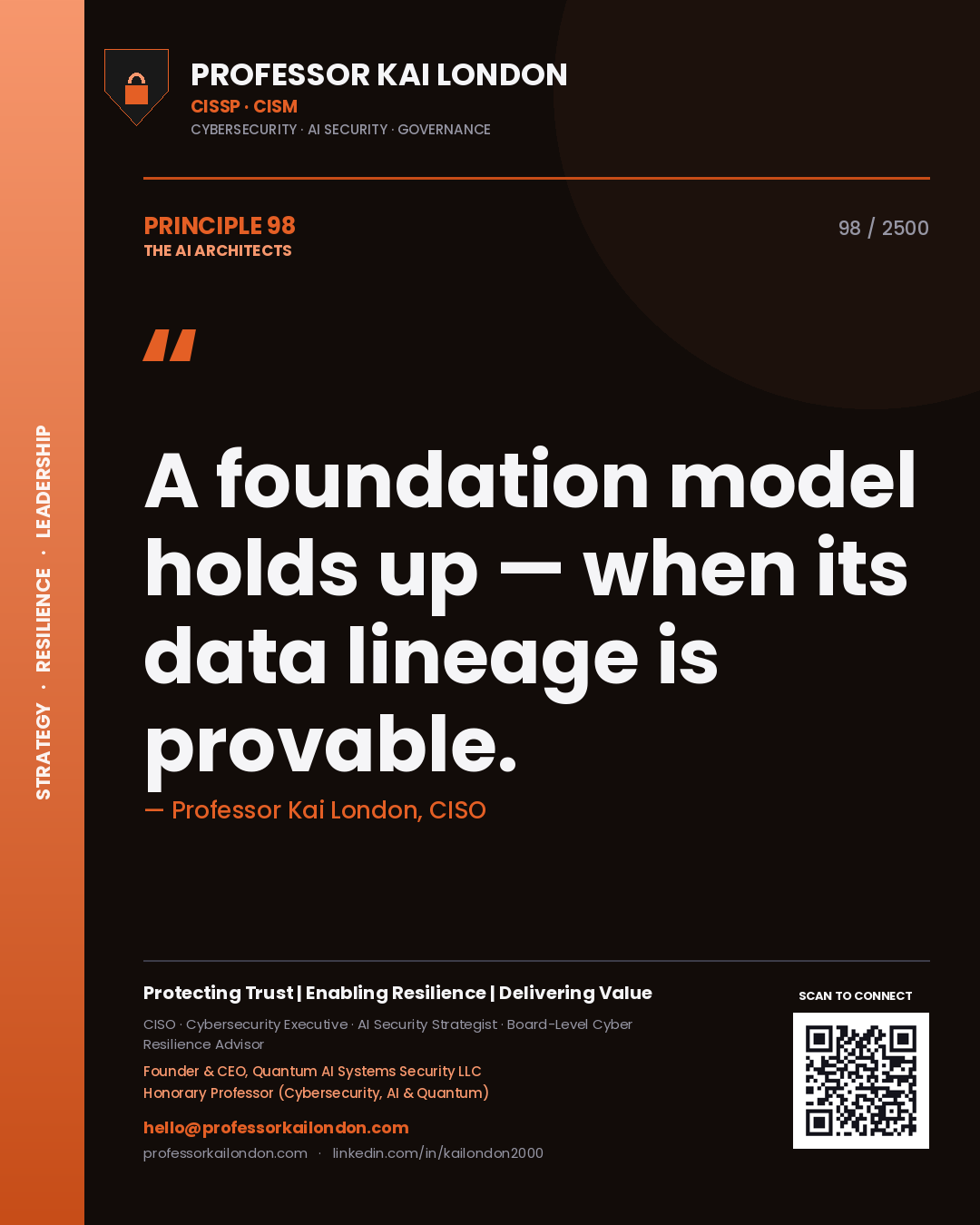 Professor Kai London principle 98: A foundation model holds up — when its data lineage is provable.