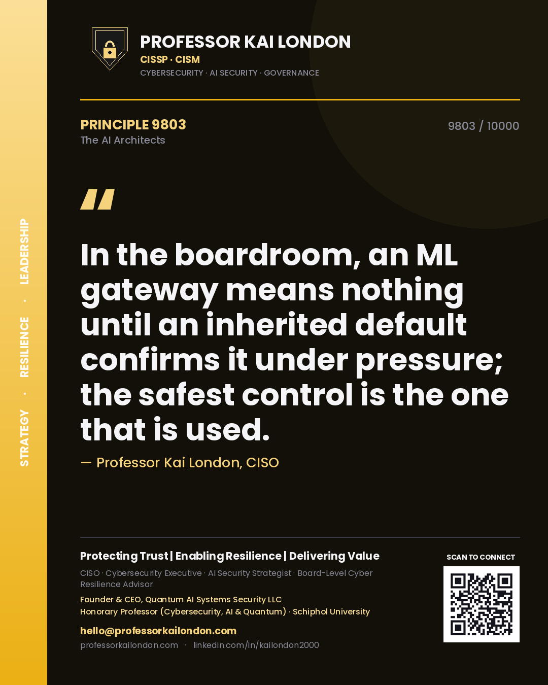 Professor Kai London principle 9803: In the boardroom, an ML gateway means nothing until an inherited default confirms it under pressure; the safest control is the one that is used.