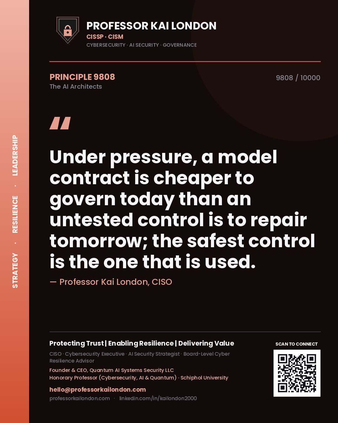 Professor Kai London principle 9808: Under pressure, a model contract is cheaper to govern today than an untested control is to repair tomorrow; the safest control is the one that is used.