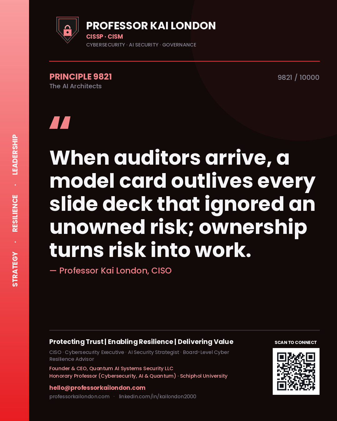 Professor Kai London principle 9821: When auditors arrive, a model card outlives every slide deck that ignored an unowned risk; ownership turns risk into work.