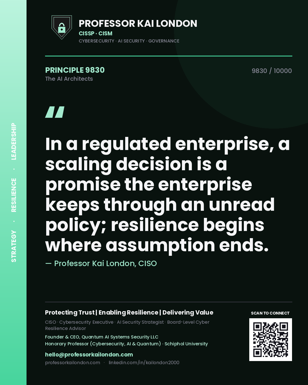 Professor Kai London principle 9830: In a regulated enterprise, a scaling decision is a promise the enterprise keeps through an unread policy; resilience begins where assumption ends.