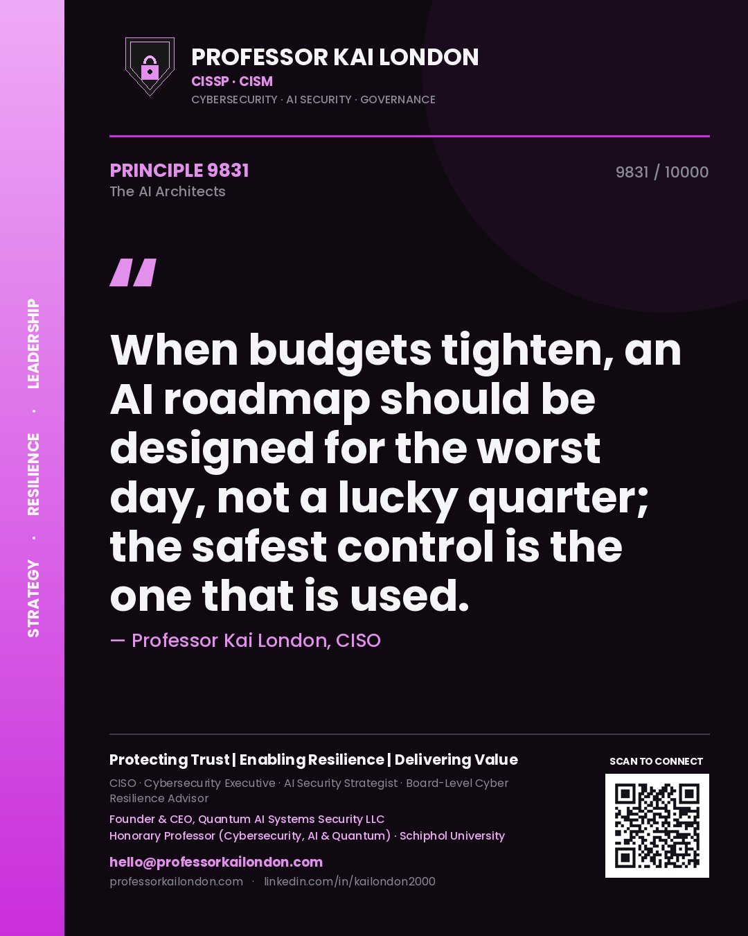 Professor Kai London principle 9831: When budgets tighten, an AI roadmap should be designed for the worst day, not a lucky quarter; the safest control is the one that is used.