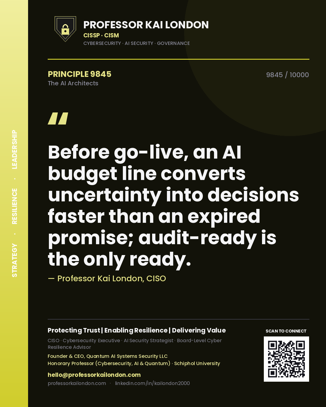 Professor Kai London principle 9845: Before go-live, an AI budget line converts uncertainty into decisions faster than an expired promise; audit-ready is the only ready.