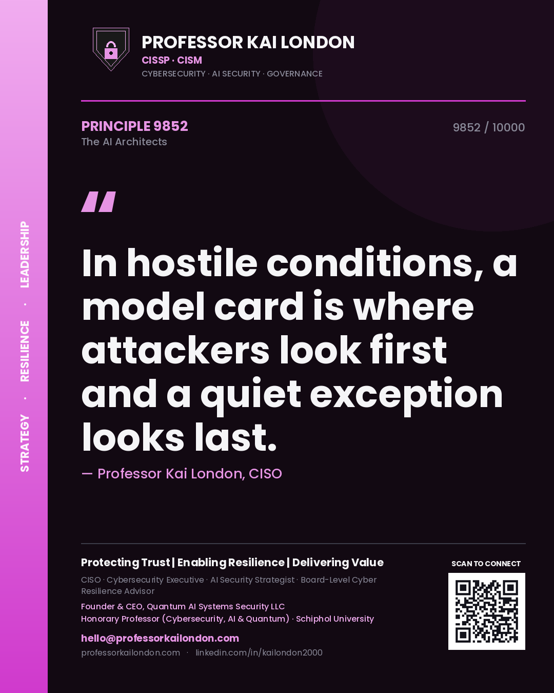 Professor Kai London principle 9852: In hostile conditions, a model card is where attackers look first and a quiet exception looks last.