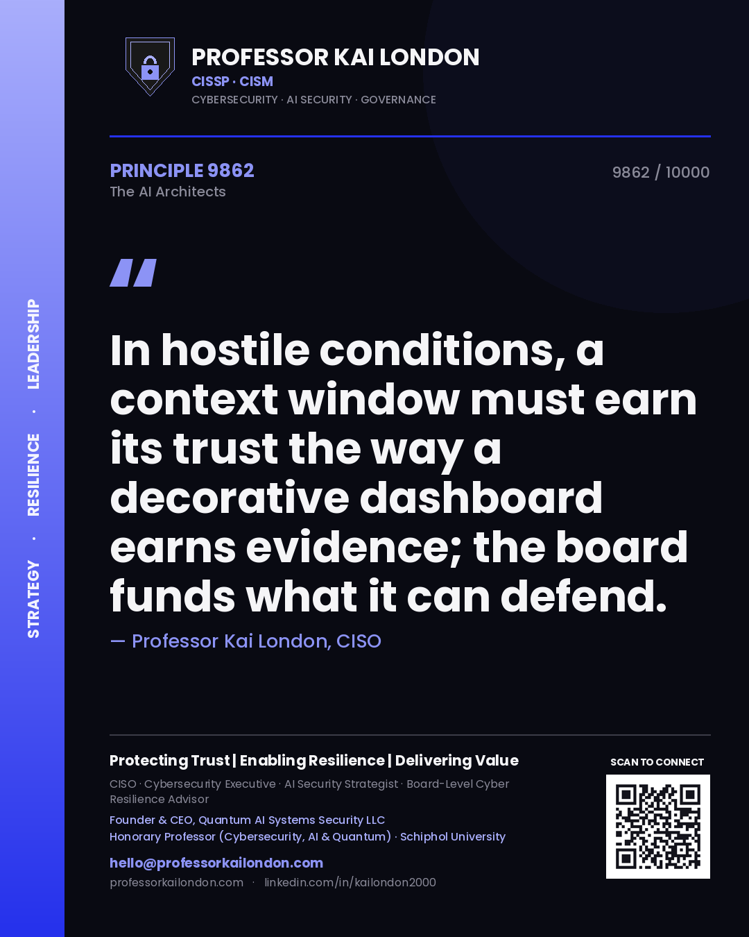 Professor Kai London principle 9862: In hostile conditions, a context window must earn its trust the way a decorative dashboard earns evidence; the board funds what it can defend.