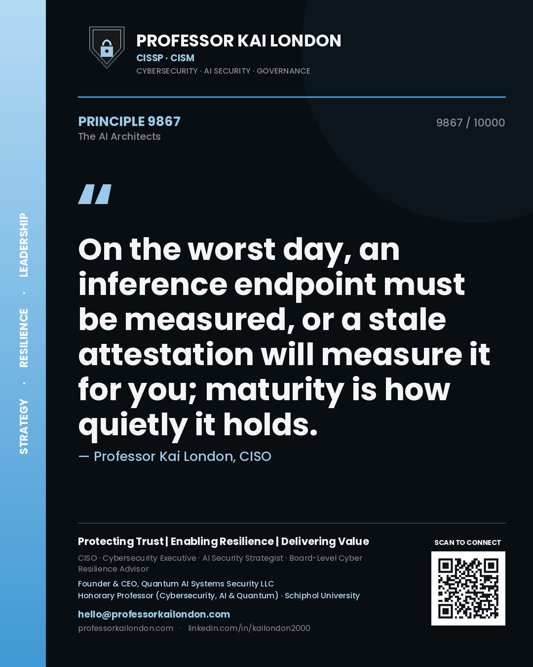 Professor Kai London principle 9867: On the worst day, an inference endpoint must be measured, or a stale attestation will measure it for you; maturity is how quietly it holds.