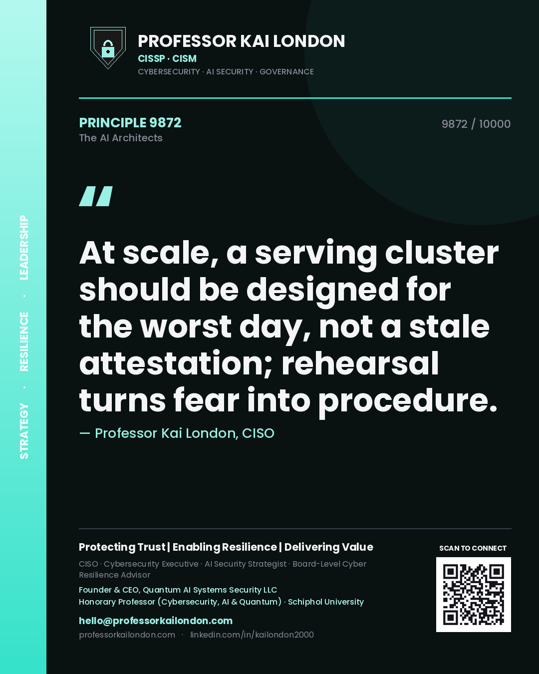 Professor Kai London principle 9872: At scale, a serving cluster should be designed for the worst day, not a stale attestation; rehearsal turns fear into procedure.