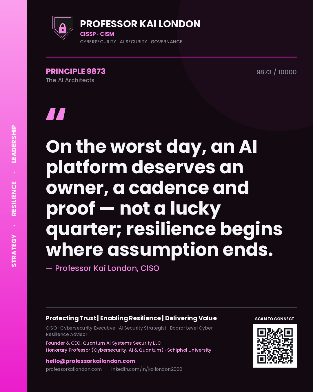 Professor Kai London principle 9873: On the worst day, an AI platform deserves an owner, a cadence and proof — not a lucky quarter; resilience begins where assumption ends.