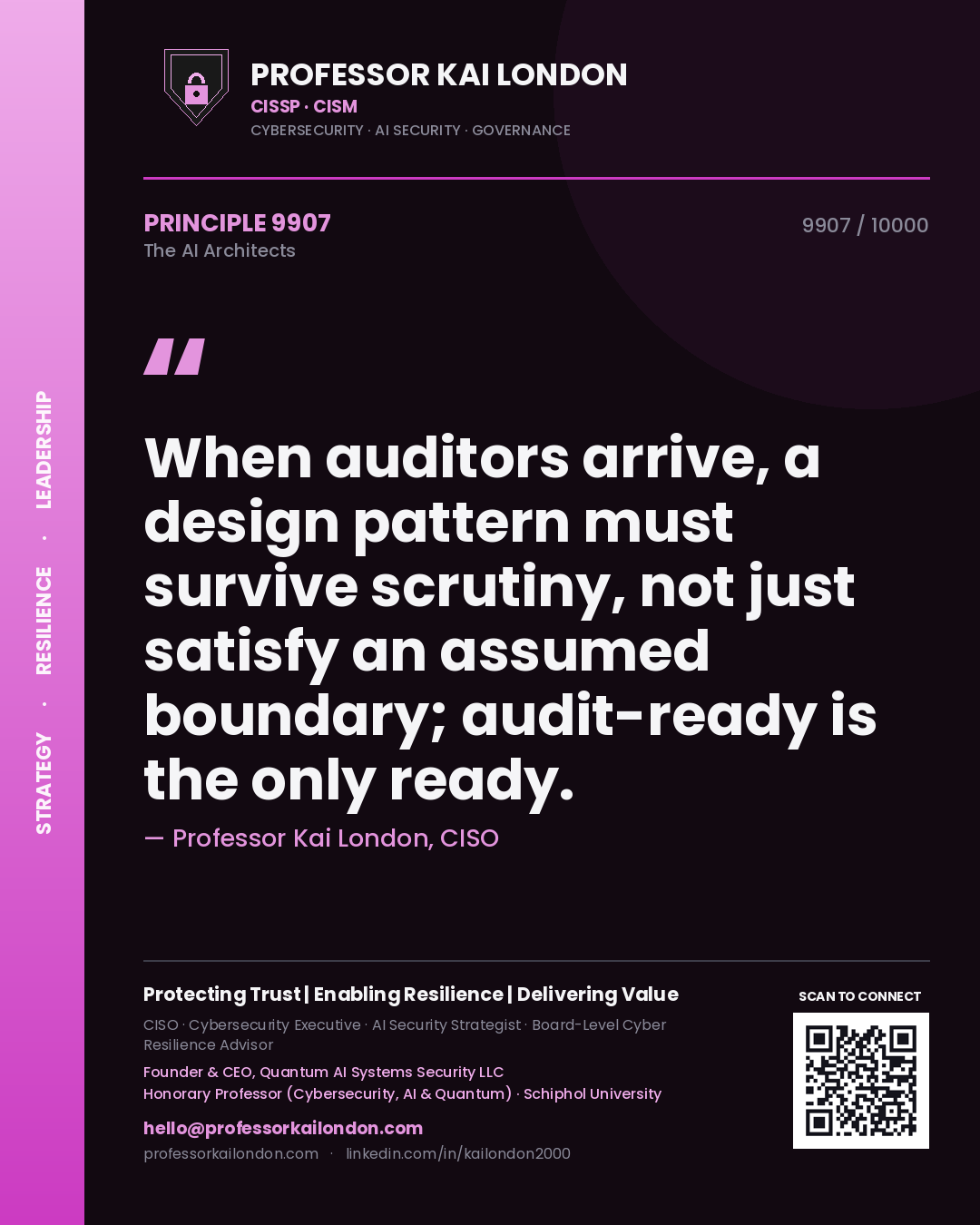Professor Kai London principle 9907: When auditors arrive, a design pattern must survive scrutiny, not just satisfy an assumed boundary; audit-ready is the only ready.