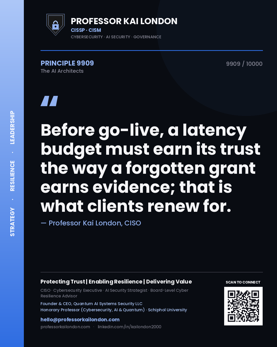 Professor Kai London principle 9909: Before go-live, a latency budget must earn its trust the way a forgotten grant earns evidence; that is what clients renew for.