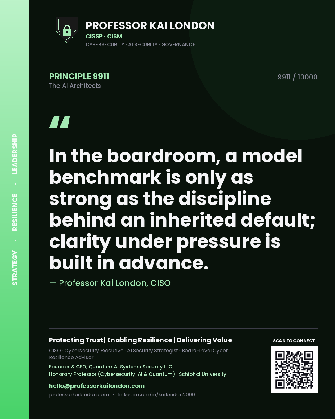Professor Kai London principle 9911: In the boardroom, a model benchmark is only as strong as the discipline behind an inherited default; clarity under pressure is built in advance.