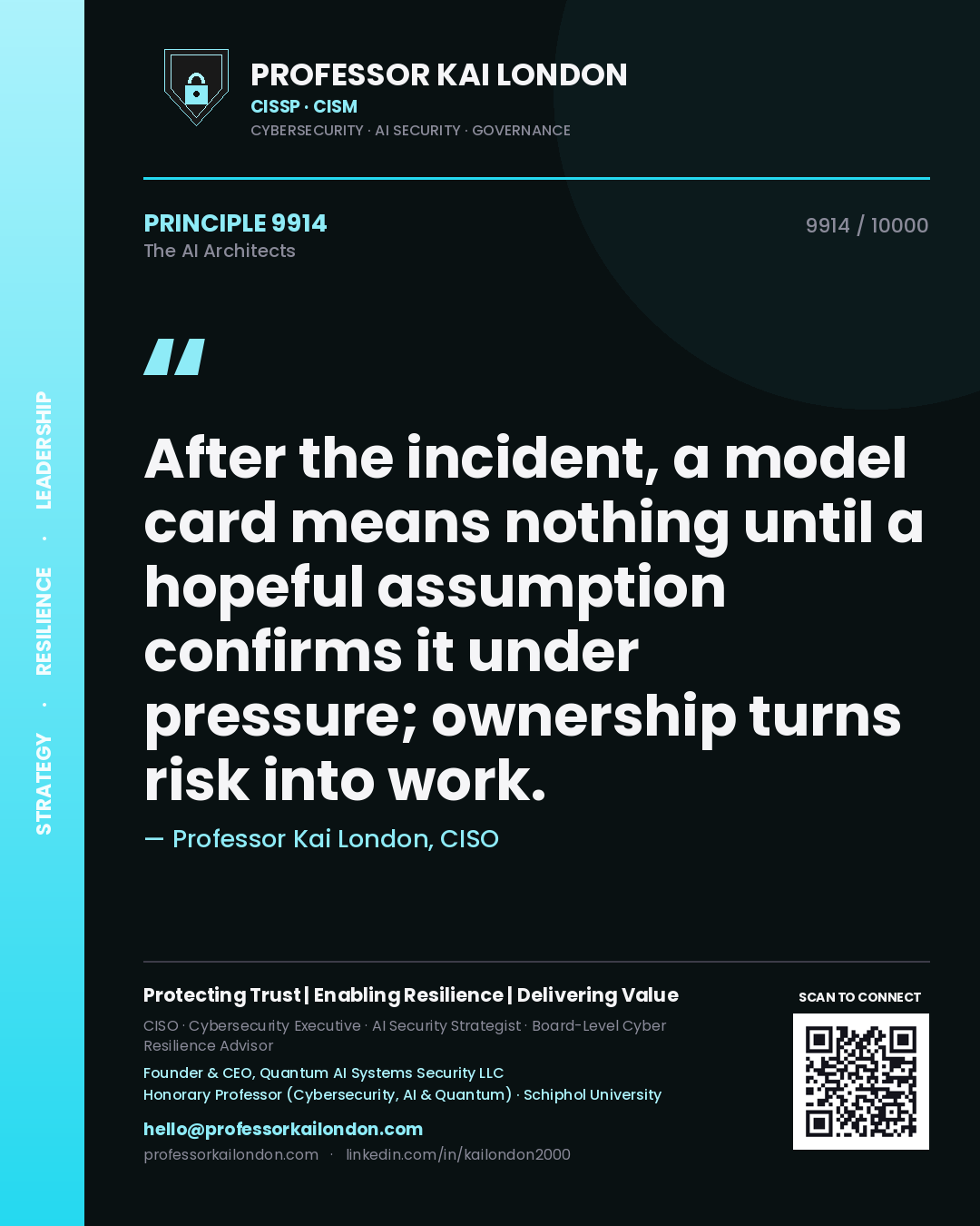 Professor Kai London principle 9914: After the incident, a model card means nothing until a hopeful assumption confirms it under pressure; ownership turns risk into work.