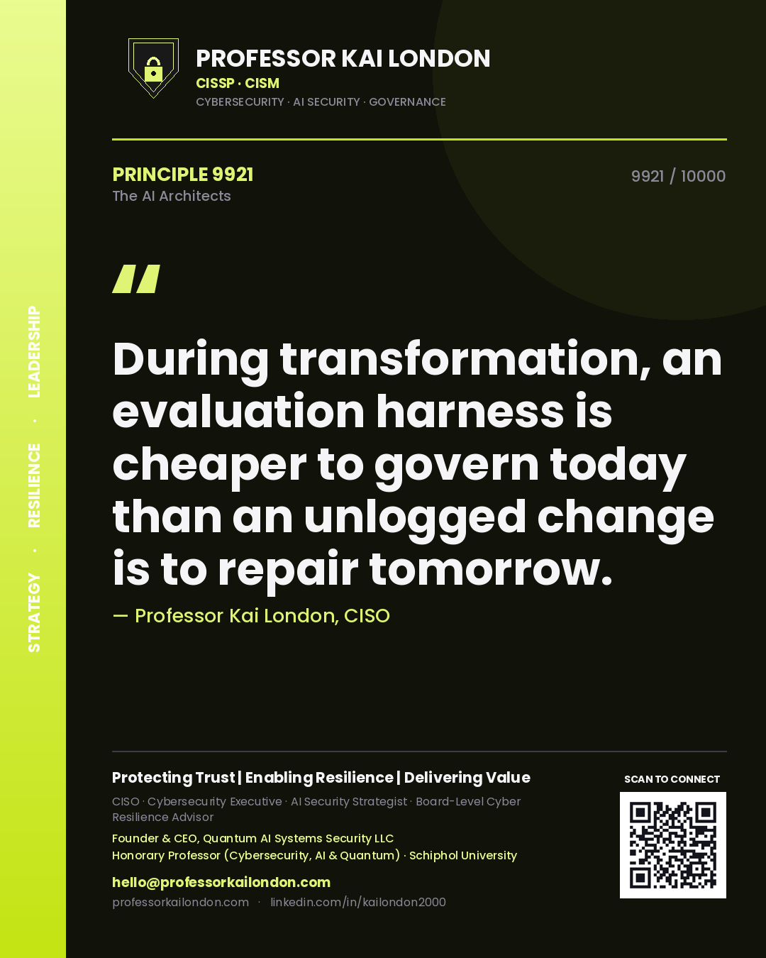 Professor Kai London principle 9921: During transformation, an evaluation harness is cheaper to govern today than an unlogged change is to repair tomorrow.