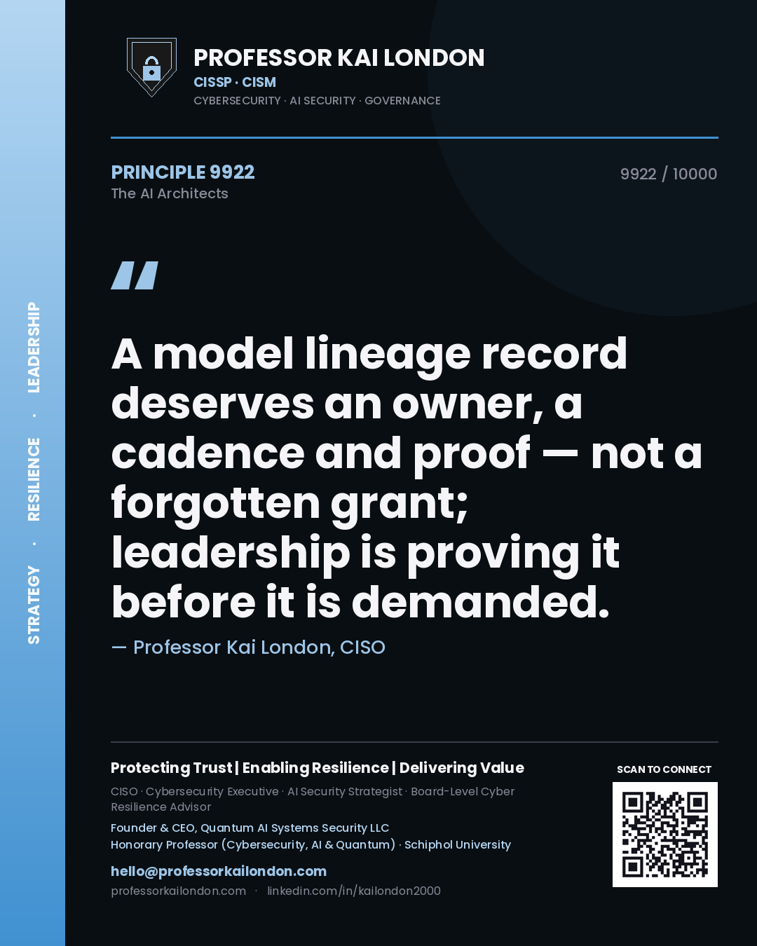 Professor Kai London principle 9922: A model lineage record deserves an owner, a cadence and proof — not a forgotten grant; leadership is proving it before it is demanded.