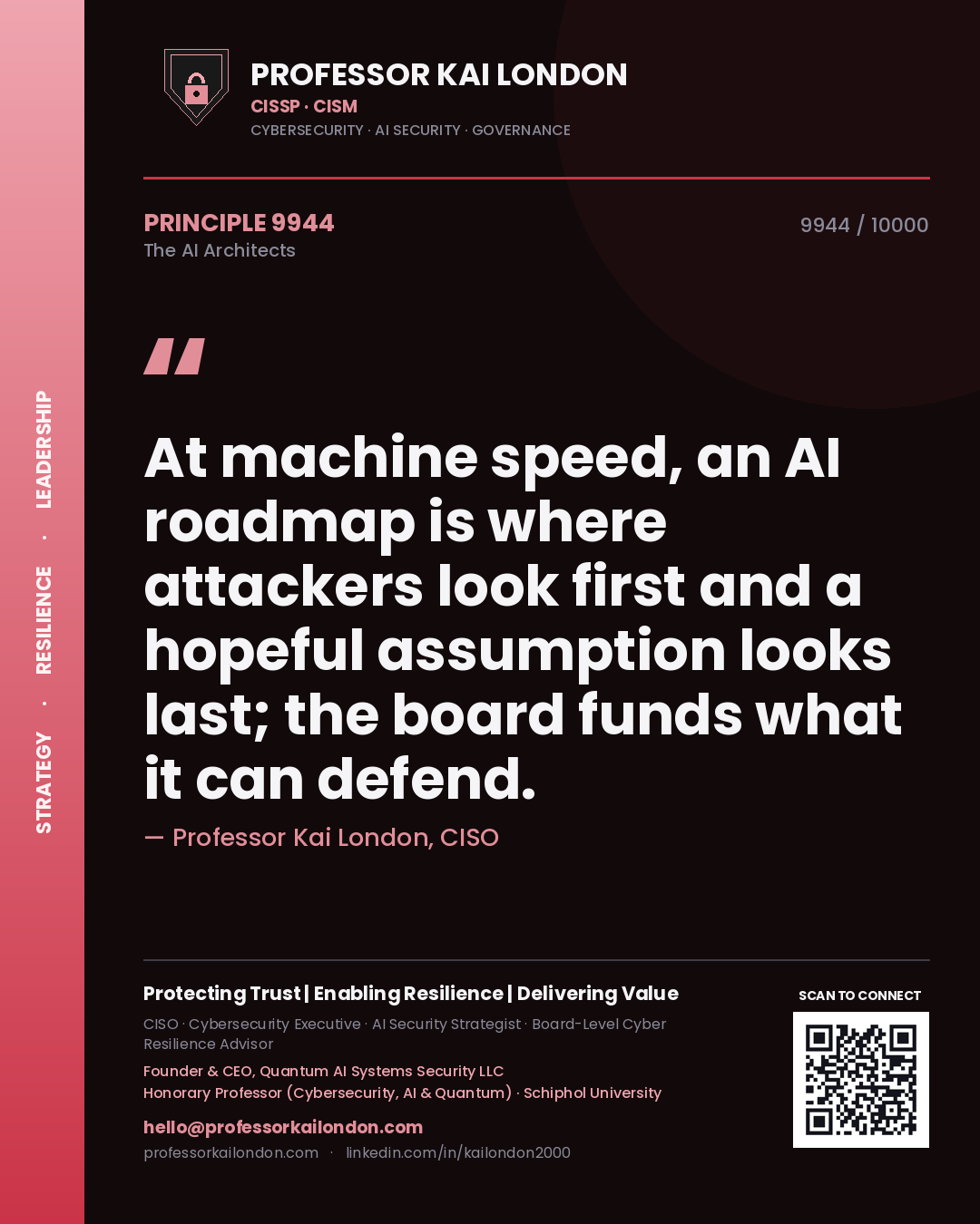 Professor Kai London principle 9944: At machine speed, an AI roadmap is where attackers look first and a hopeful assumption looks last; the board funds what it can defend.