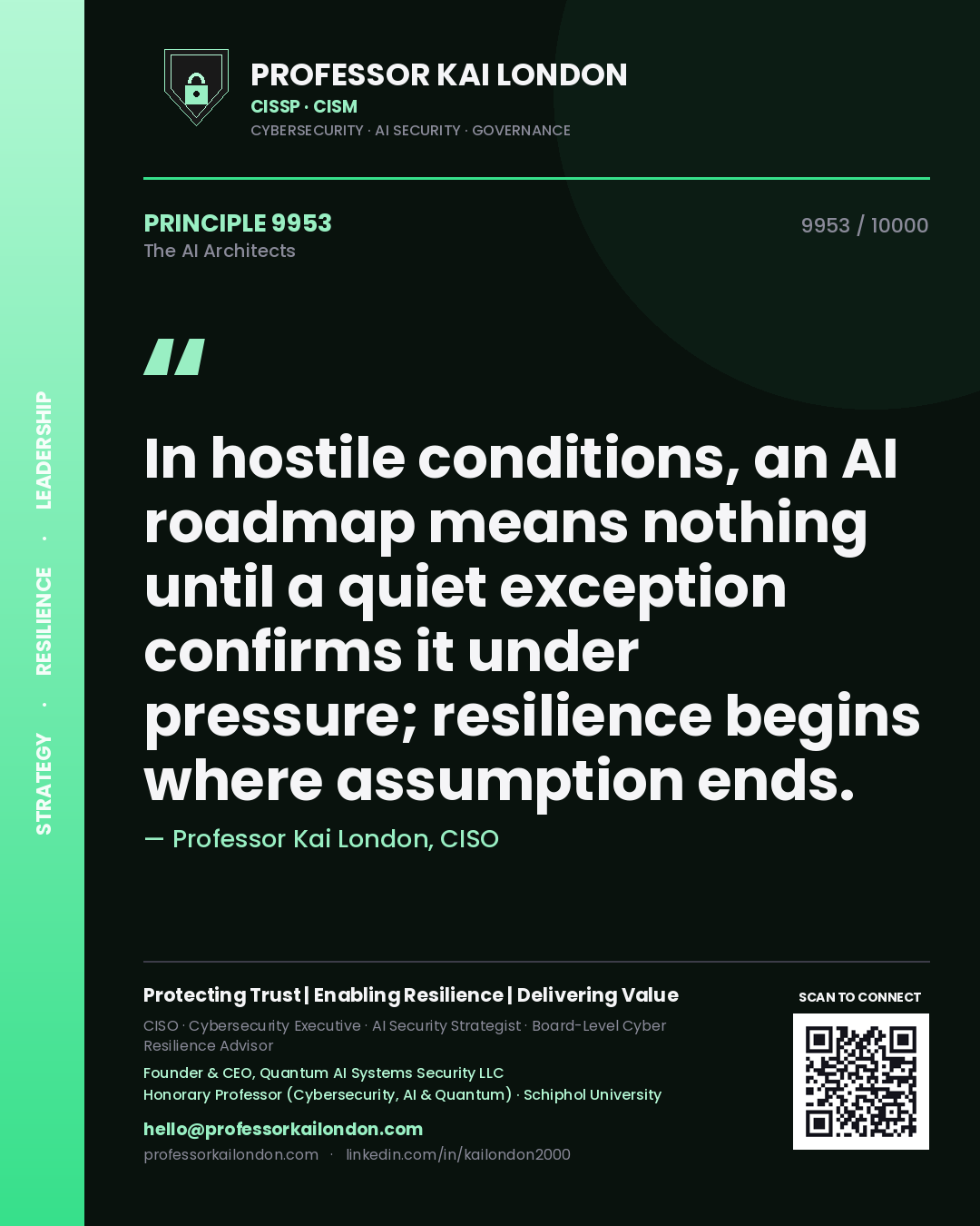 Professor Kai London principle 9953: In hostile conditions, an AI roadmap means nothing until a quiet exception confirms it under pressure; resilience begins where assumption ends.