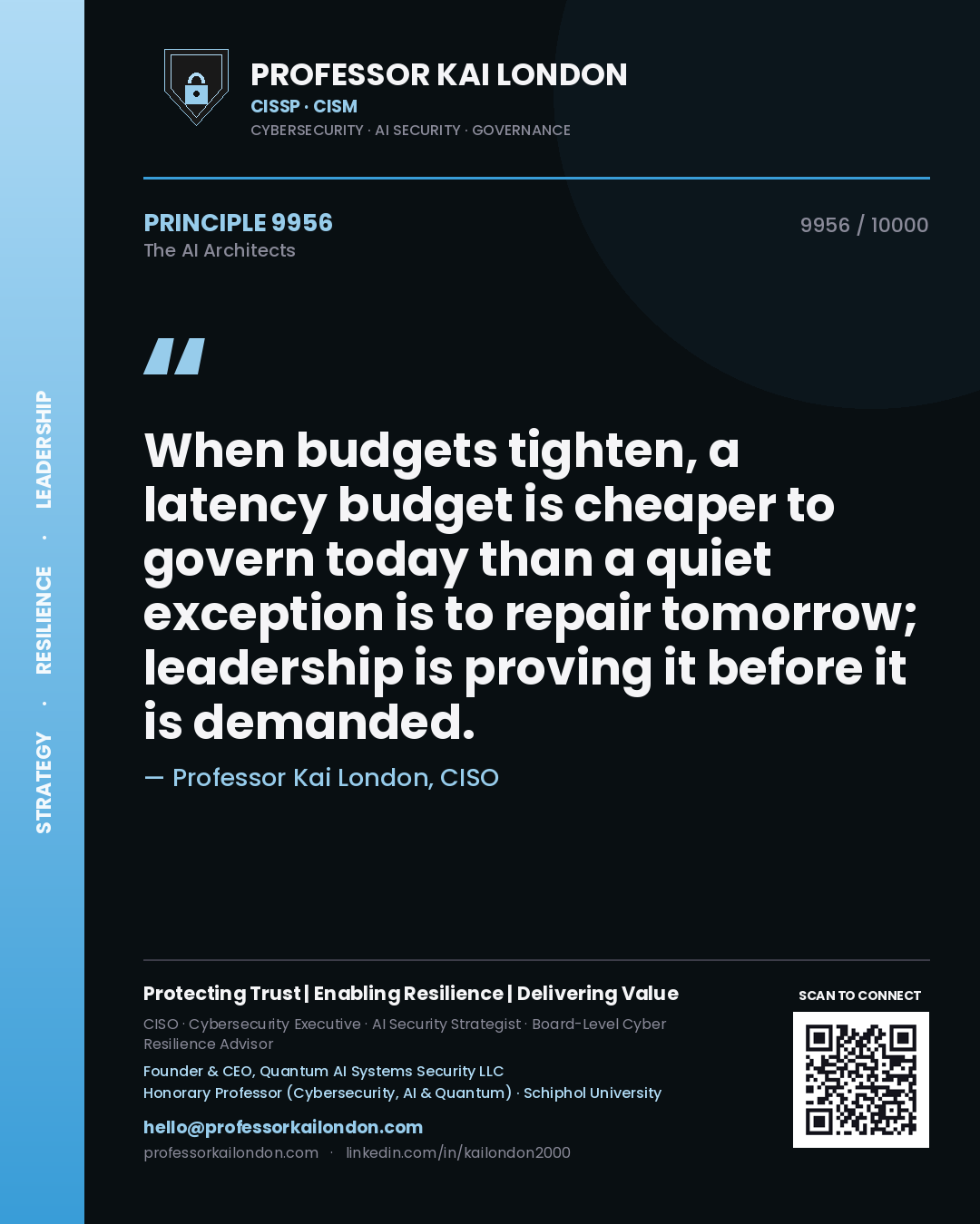 Professor Kai London principle 9956: When budgets tighten, a latency budget is cheaper to govern today than a quiet exception is to repair tomorrow; leadership is proving it before it is demanded.