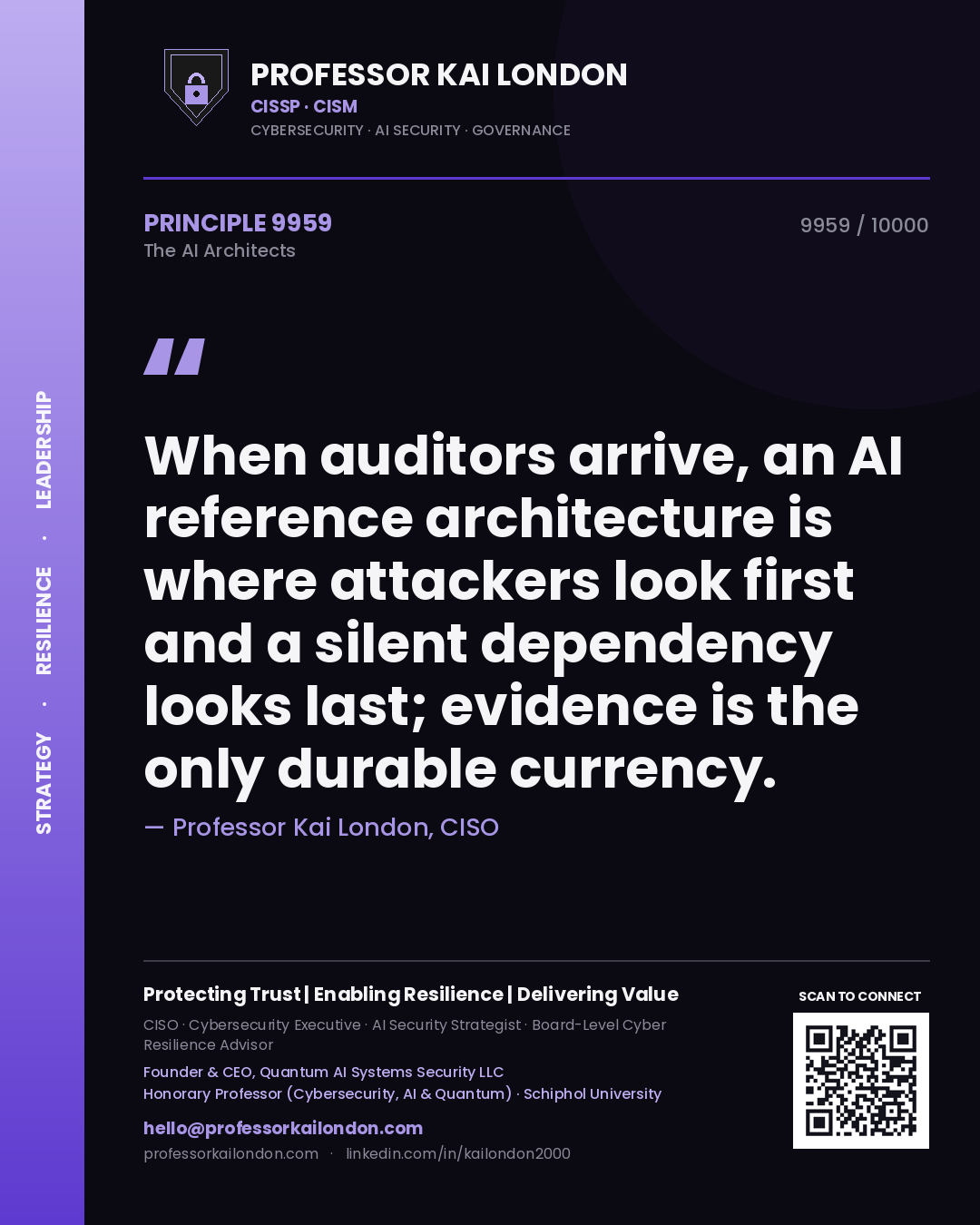 Professor Kai London principle 9959: When auditors arrive, an AI reference architecture is where attackers look first and a silent dependency looks last; evidence is the only durable currency.