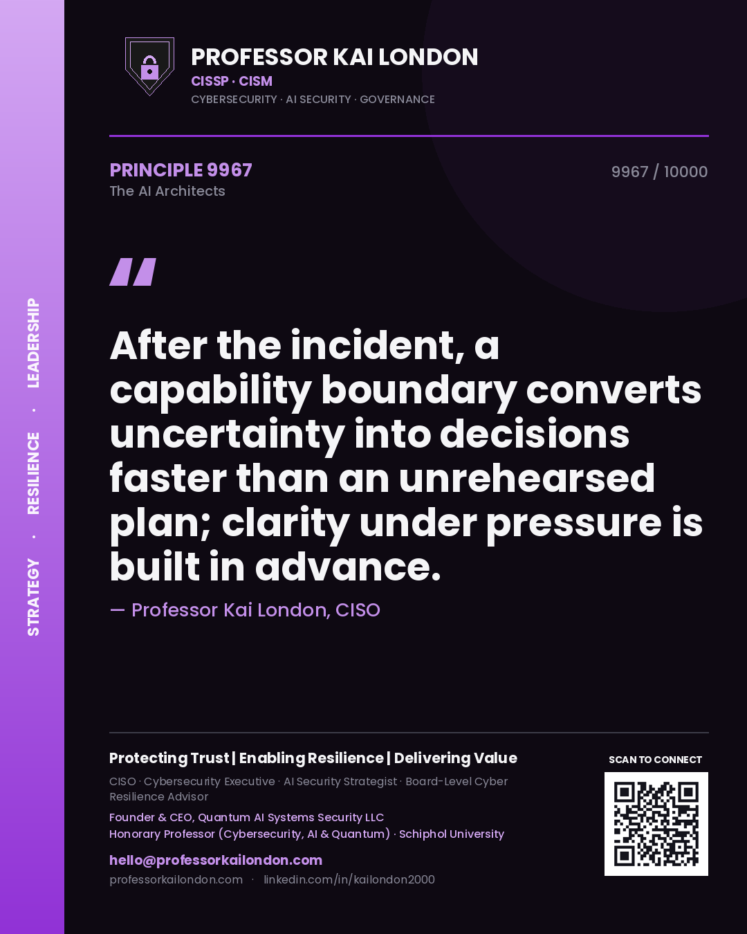 Professor Kai London principle 9967: After the incident, a capability boundary converts uncertainty into decisions faster than an unrehearsed plan; clarity under pressure is built in advance.