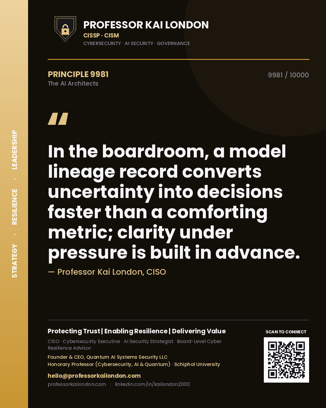 Professor Kai London principle 9981: In the boardroom, a model lineage record converts uncertainty into decisions faster than a comforting metric; clarity under pressure is built in advance.