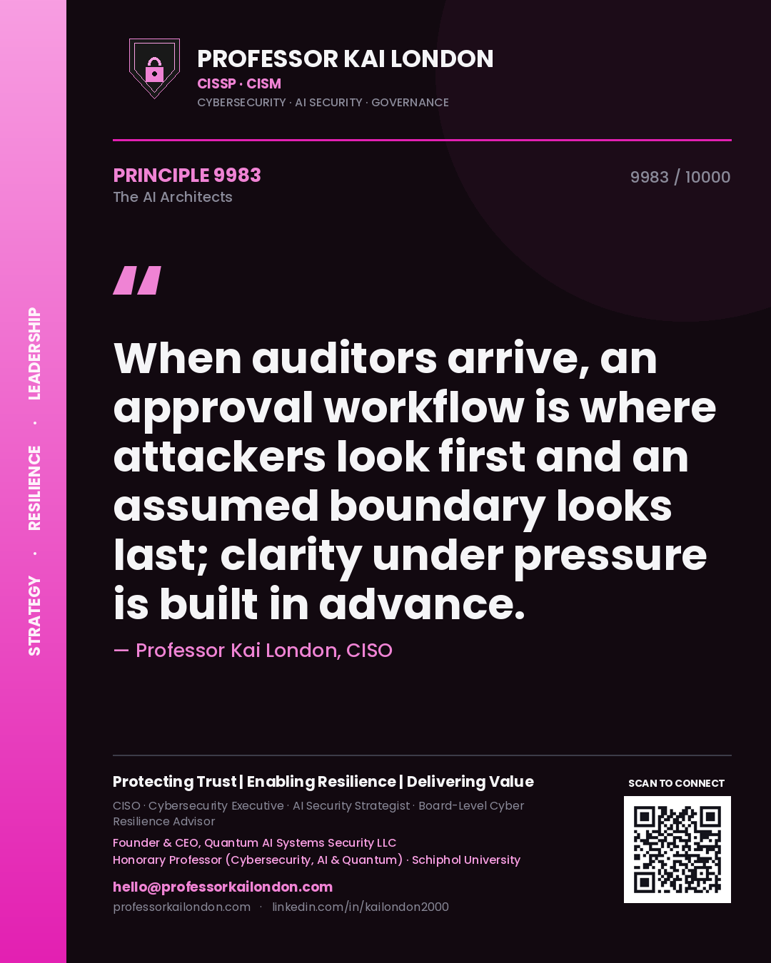Professor Kai London principle 9983: When auditors arrive, an approval workflow is where attackers look first and an assumed boundary looks last; clarity under pressure is built in advance.