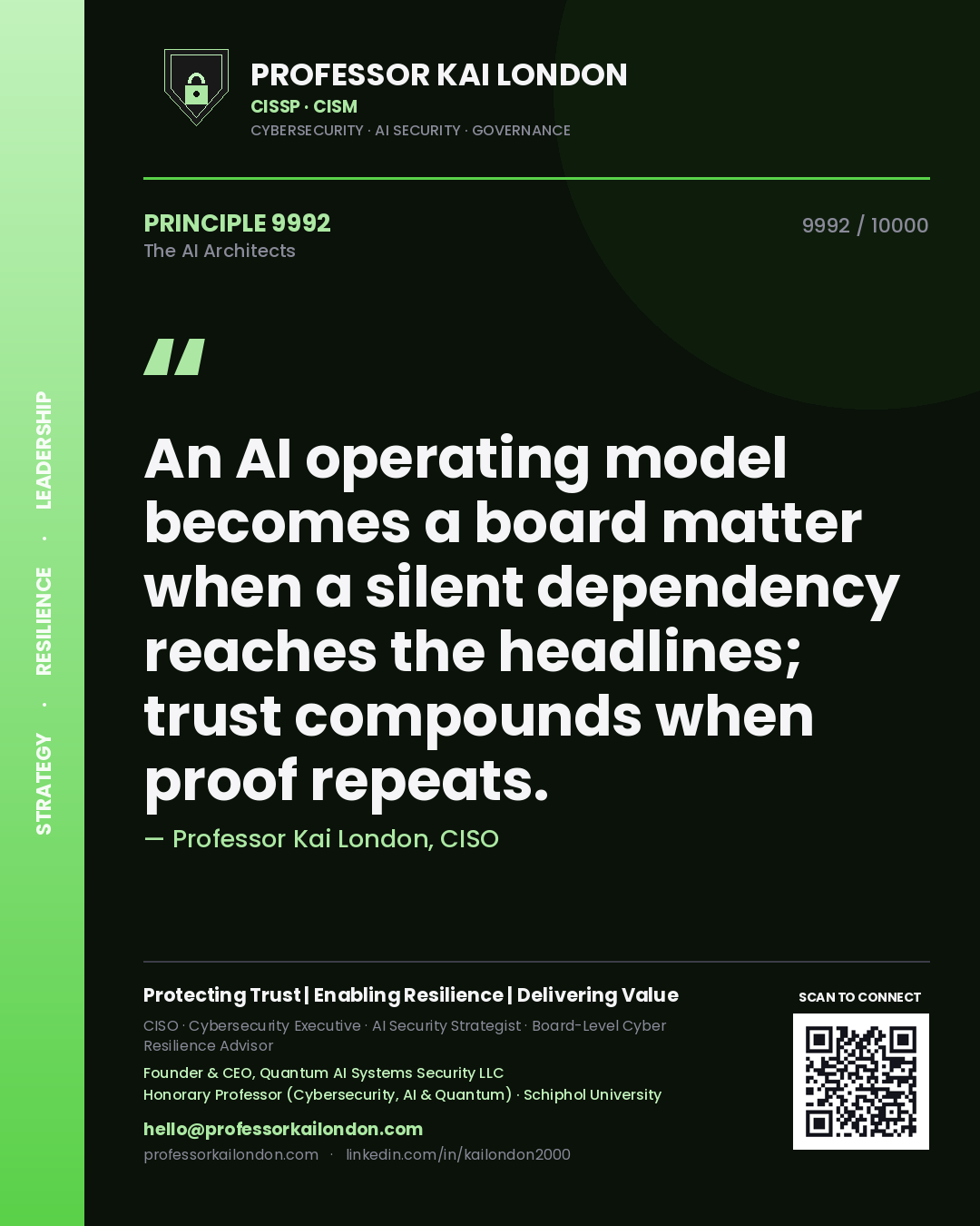 Professor Kai London principle 9992: An AI operating model becomes a board matter when a silent dependency reaches the headlines; trust compounds when proof repeats.
