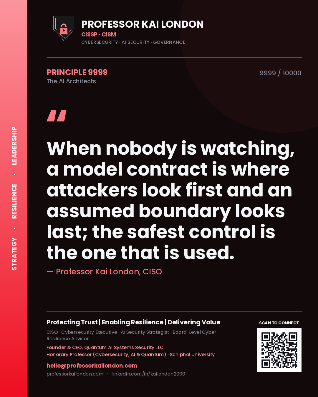 Professor Kai London principle 9999: When nobody is watching, a model contract is where attackers look first and an assumed boundary looks last; the safest control is the one that is used.