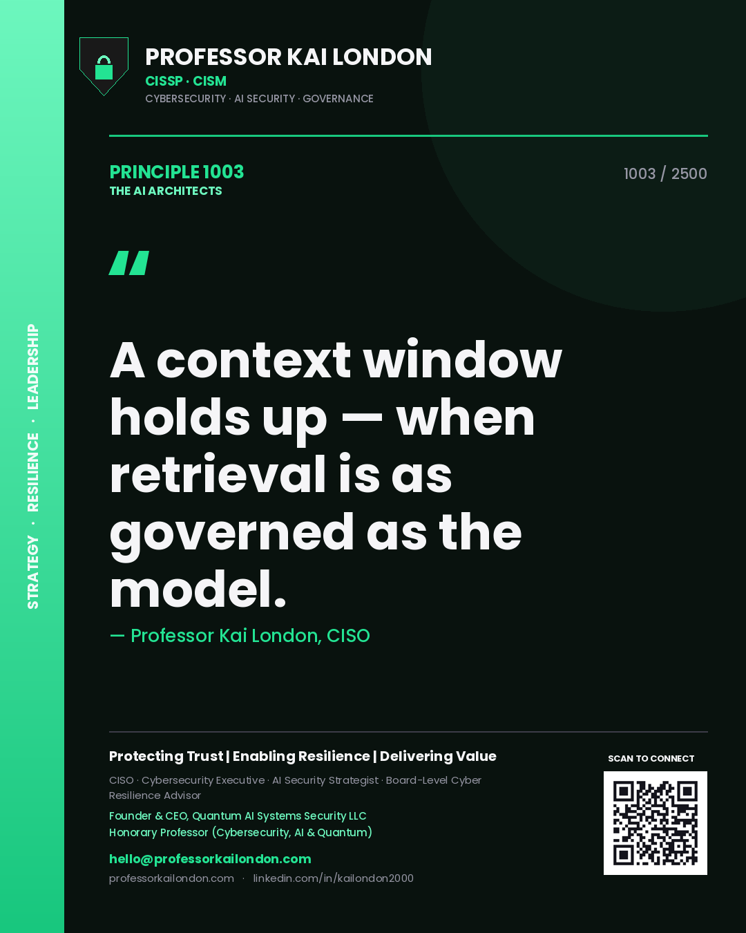 Professor Kai London principle 1003: A context window holds up — when retrieval is as governed as the model.