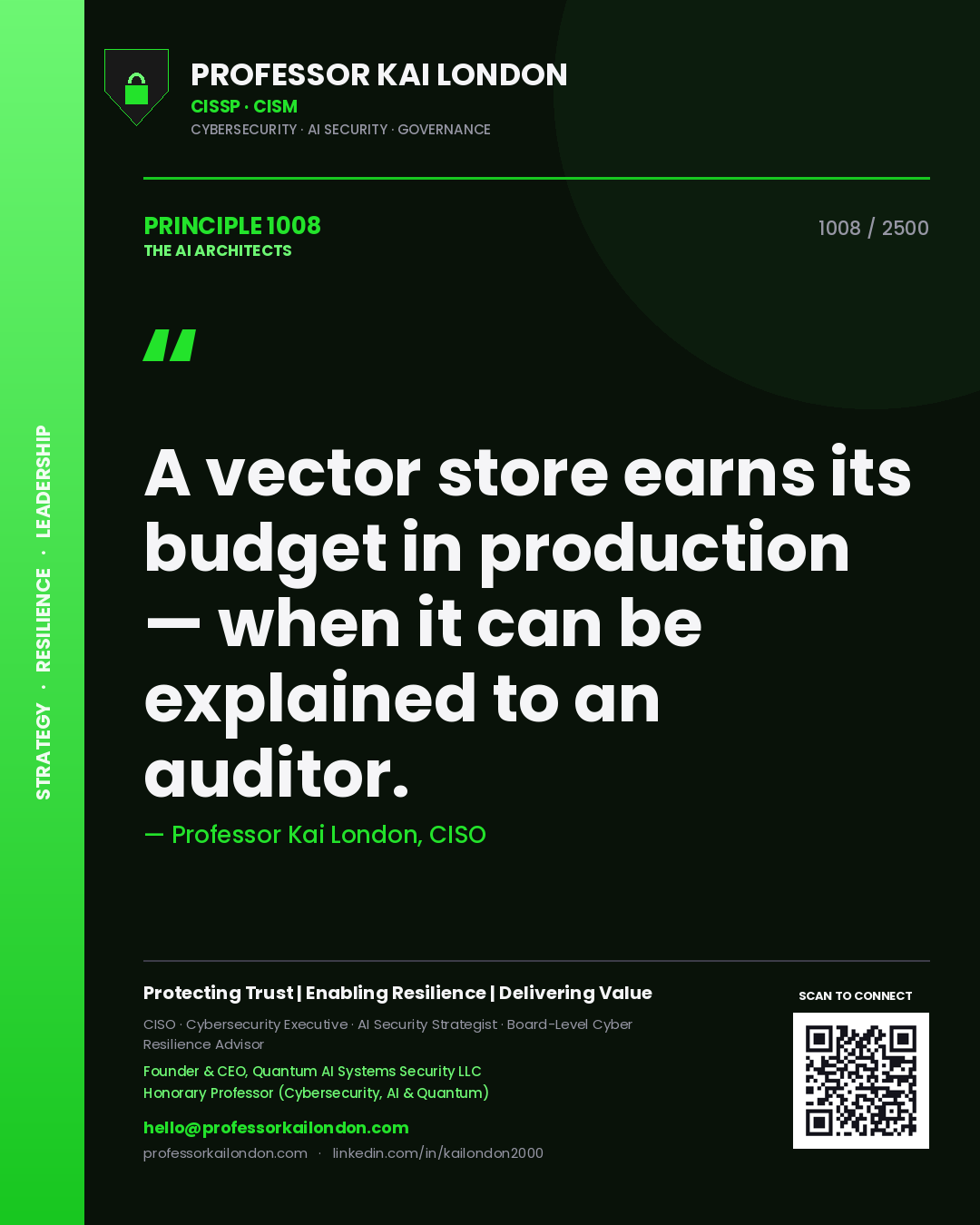 Professor Kai London principle 1008: A vector store earns its budget in production — when it can be explained to an auditor.
