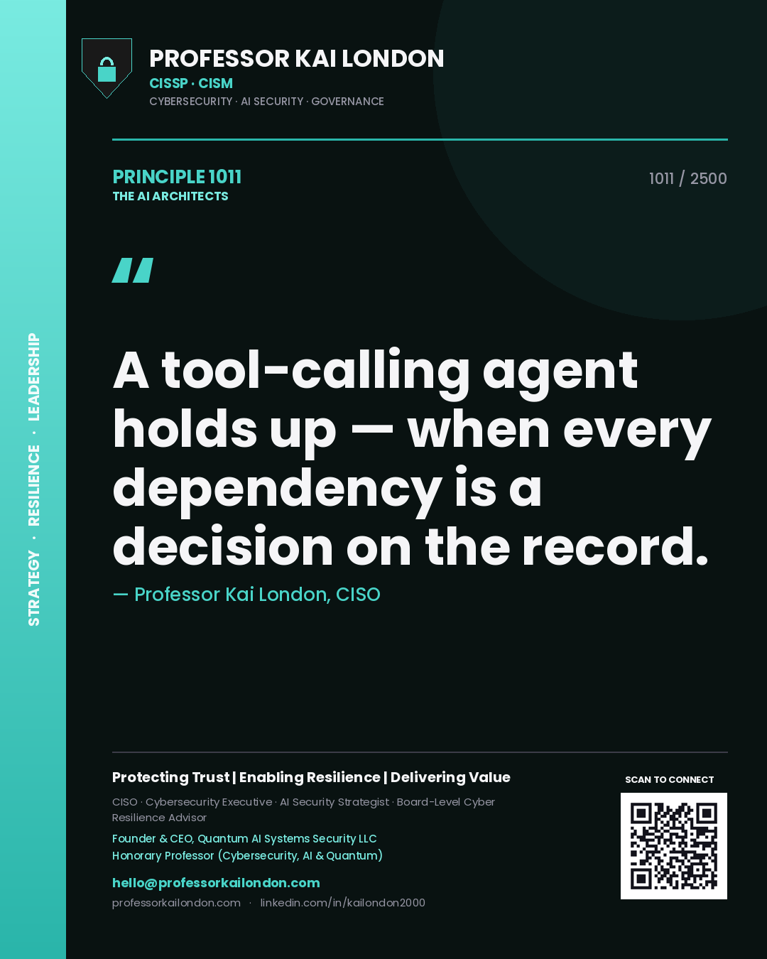 Professor Kai London principle 1011: A tool-calling agent holds up — when every dependency is a decision on the record.