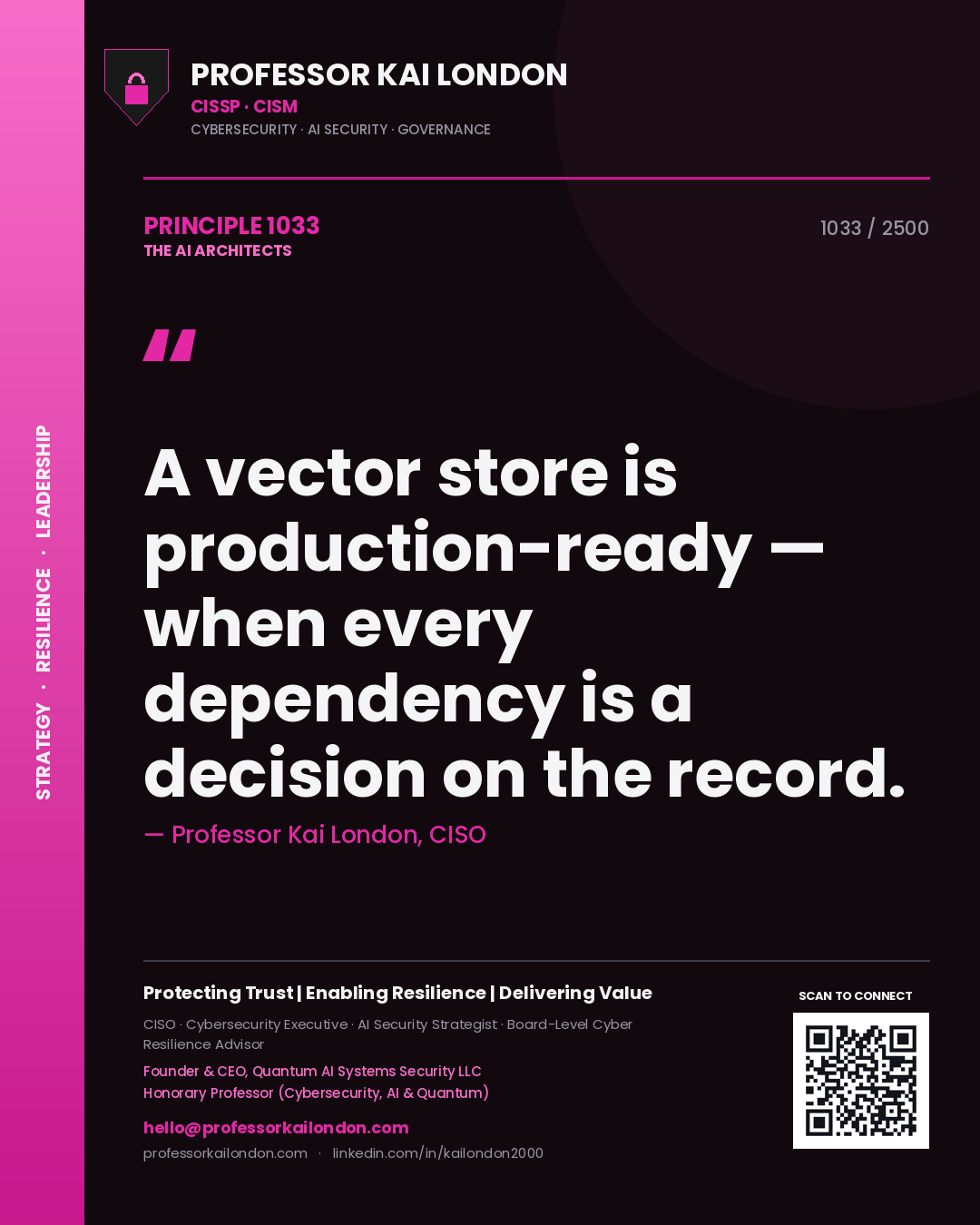 Professor Kai London principle 1033: A vector store is production-ready — when every dependency is a decision on the record.