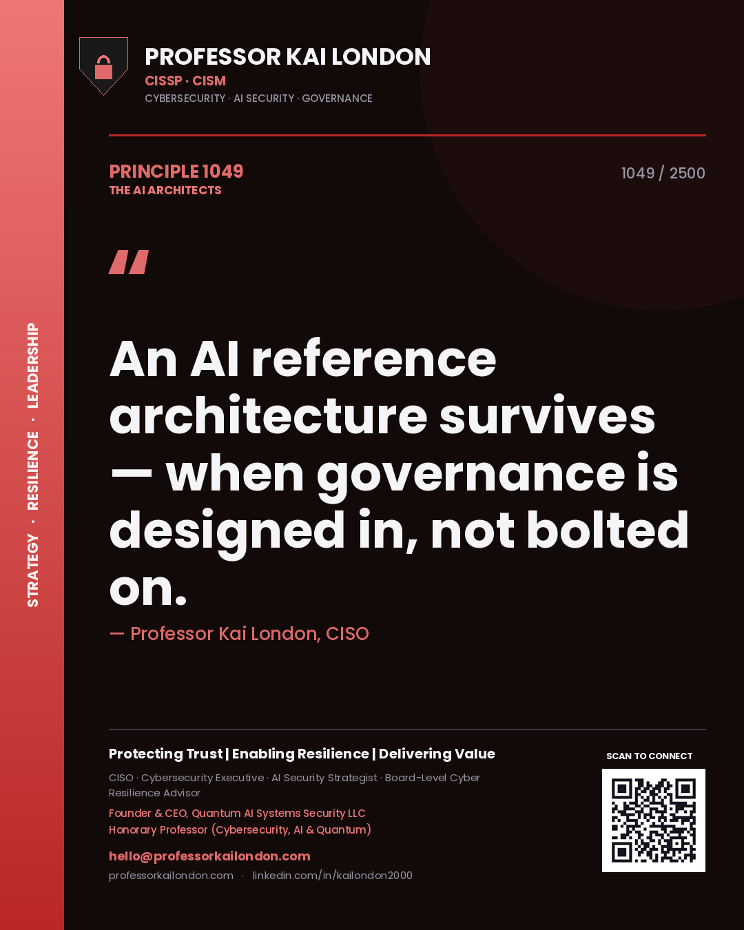 Professor Kai London principle 1049: An AI reference architecture survives — when governance is designed in, not bolted on.