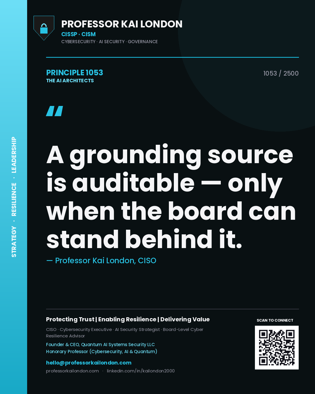 Professor Kai London principle 1053: A grounding source is auditable — only when the board can stand behind it.