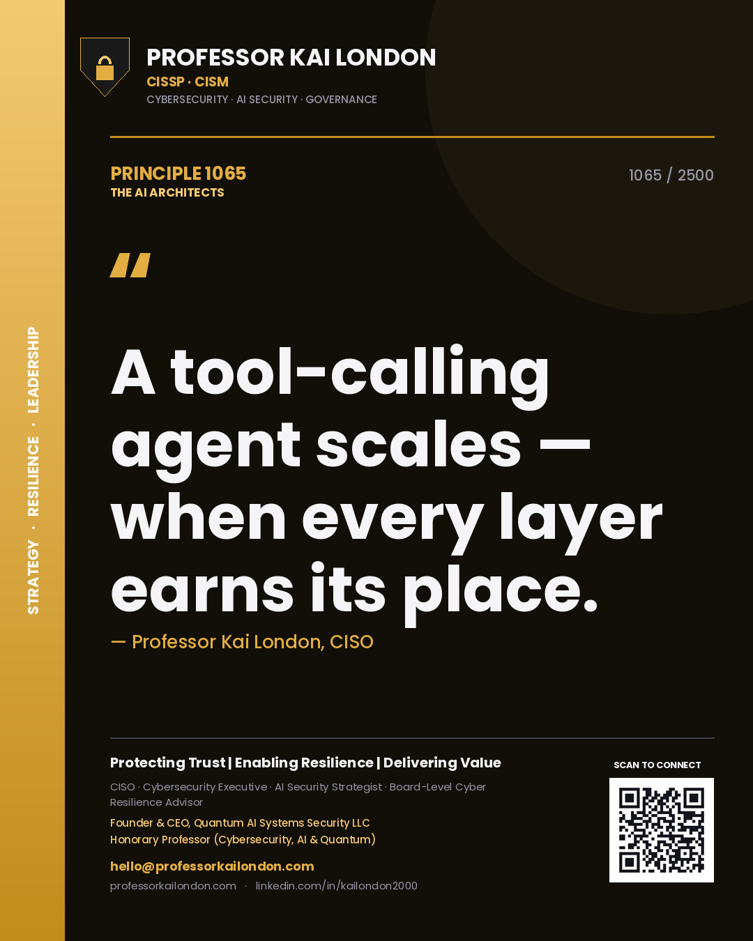 Professor Kai London principle 1065: A tool-calling agent scales — when every layer earns its place.