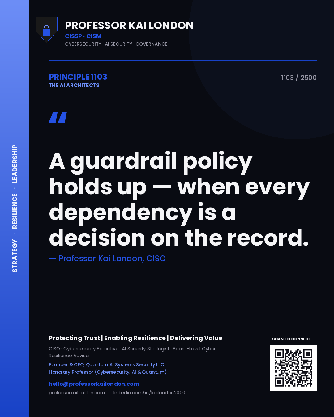 Professor Kai London principle 1103: A guardrail policy holds up — when every dependency is a decision on the record.