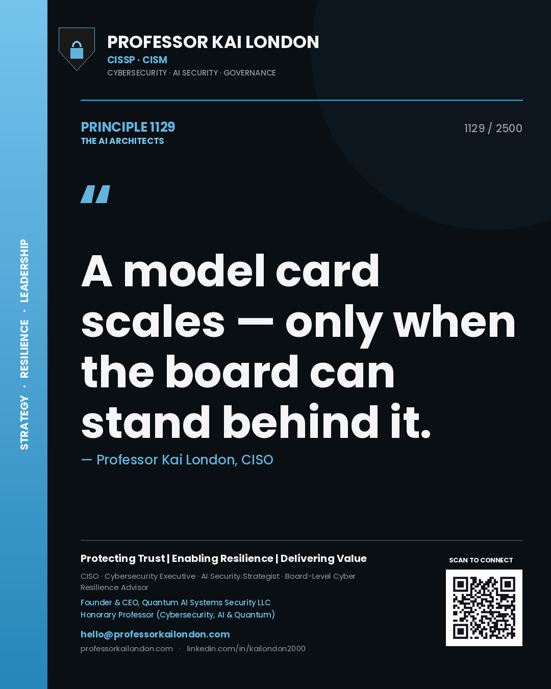 Professor Kai London principle 1129: A model card scales — only when the board can stand behind it.