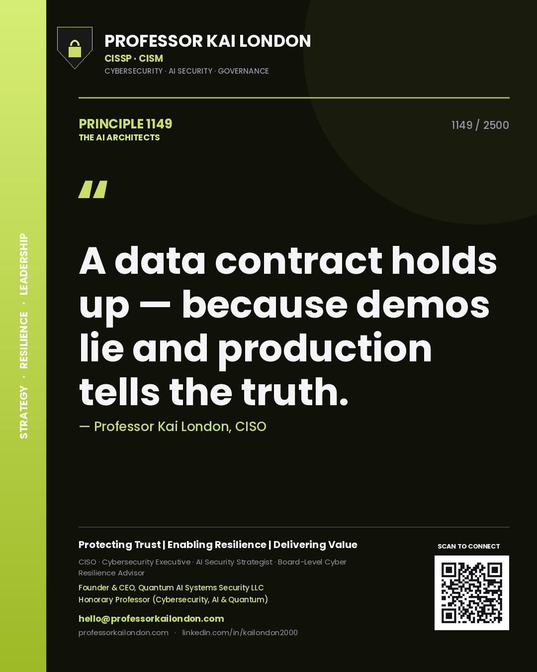 Professor Kai London principle 1149: A data contract holds up — because demos lie and production tells the truth.
