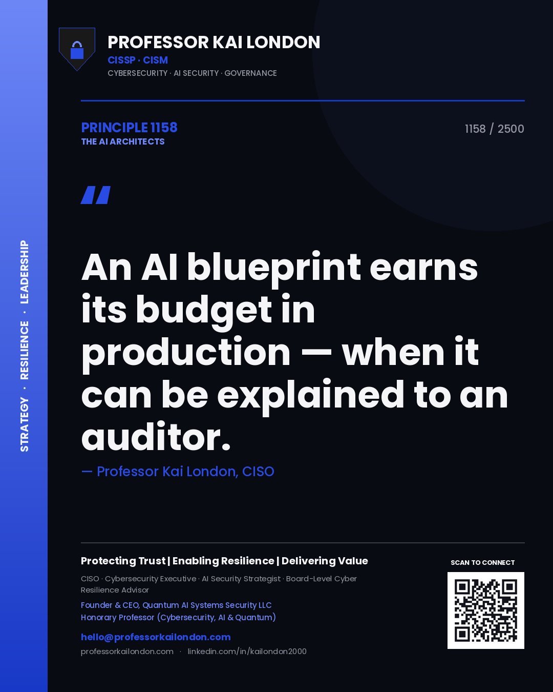 Professor Kai London principle 1158: An AI blueprint earns its budget in production — when it can be explained to an auditor.