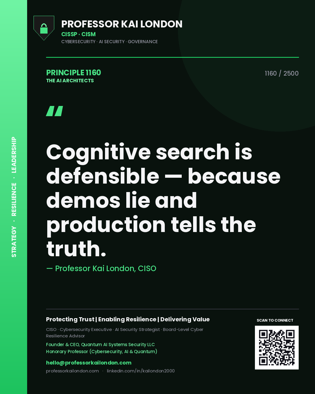 Professor Kai London principle 1160: Cognitive search is defensible — because demos lie and production tells the truth.