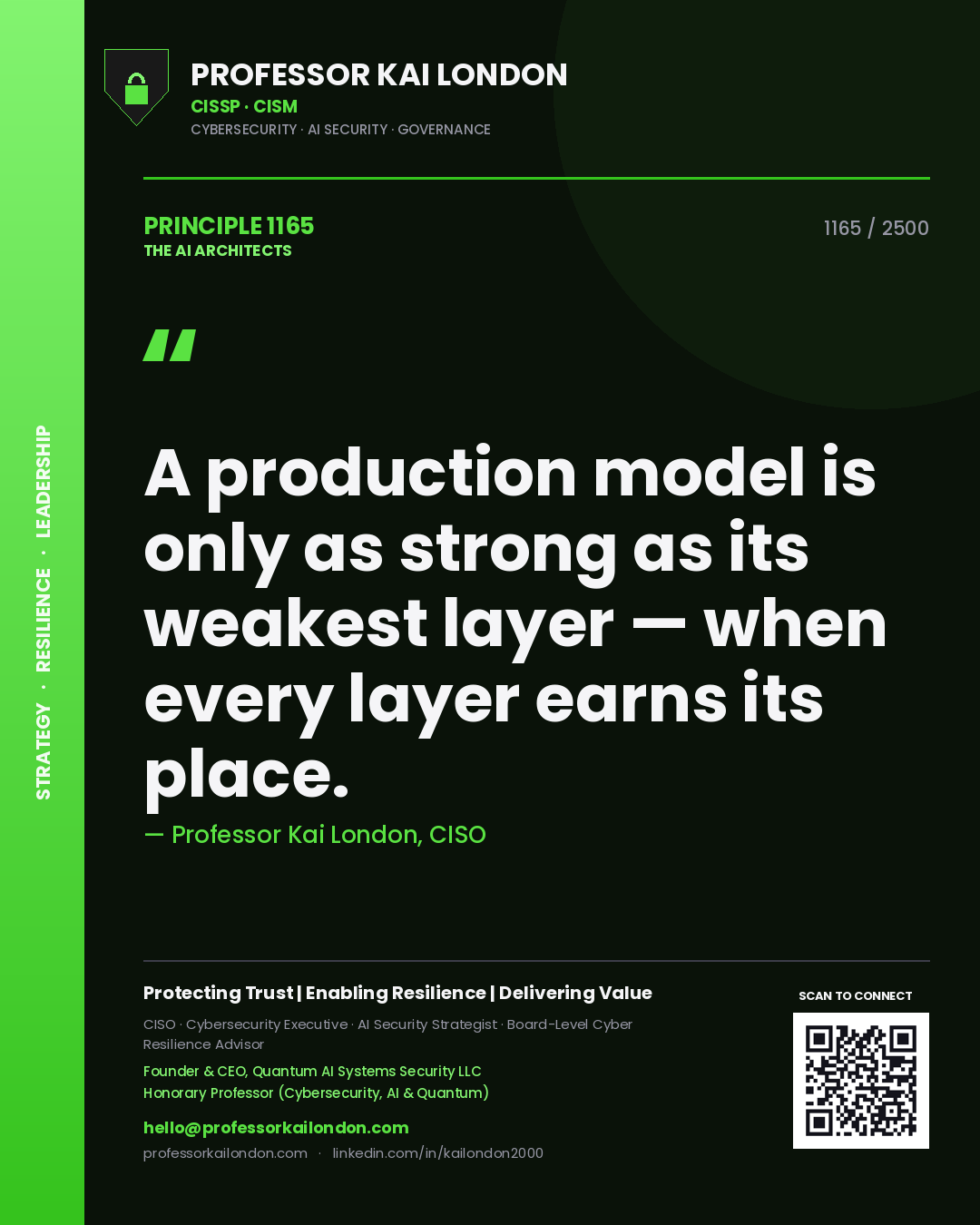 Professor Kai London principle 1165: A production model is only as strong as its weakest layer — when every layer earns its place.