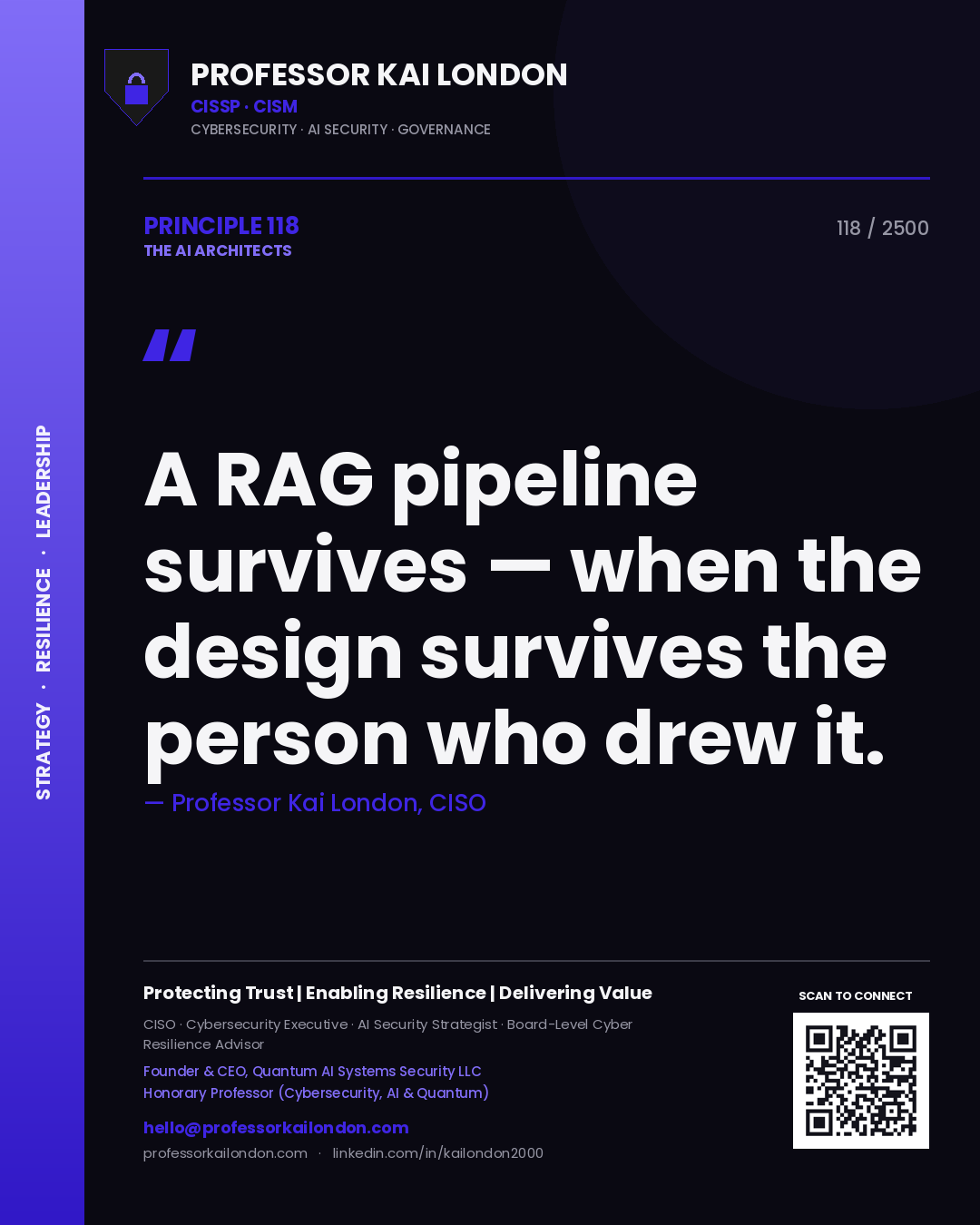 Professor Kai London principle 118: A RAG pipeline survives — when the design survives the person who drew it.