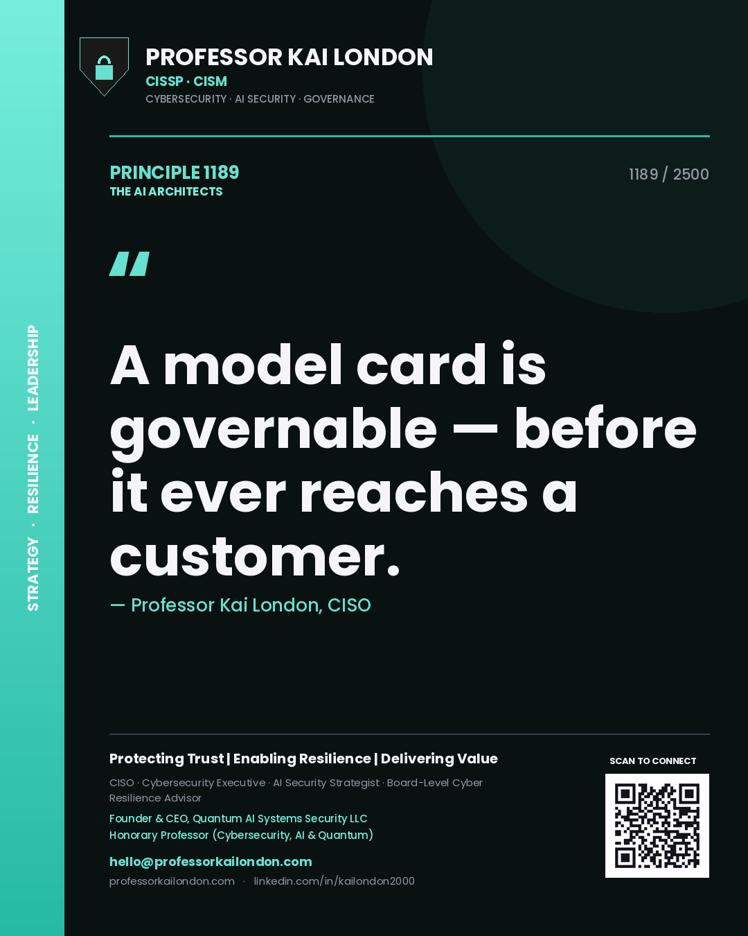 Professor Kai London principle 1189: A model card is governable — before it ever reaches a customer.