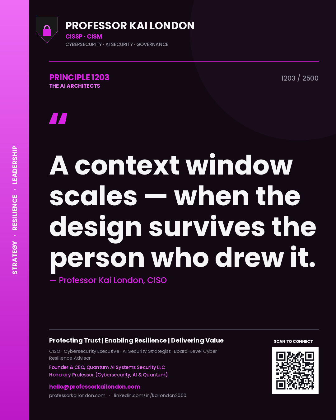 Professor Kai London principle 1203: A context window scales — when the design survives the person who drew it.