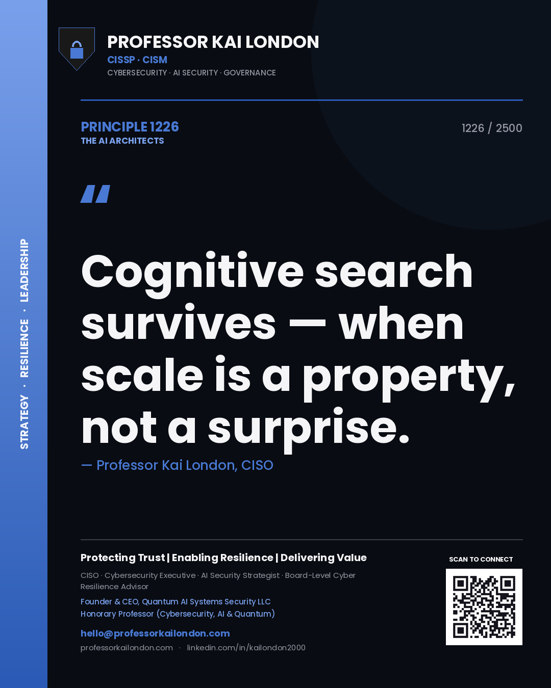 Professor Kai London principle 1226: Cognitive search survives — when scale is a property, not a surprise.