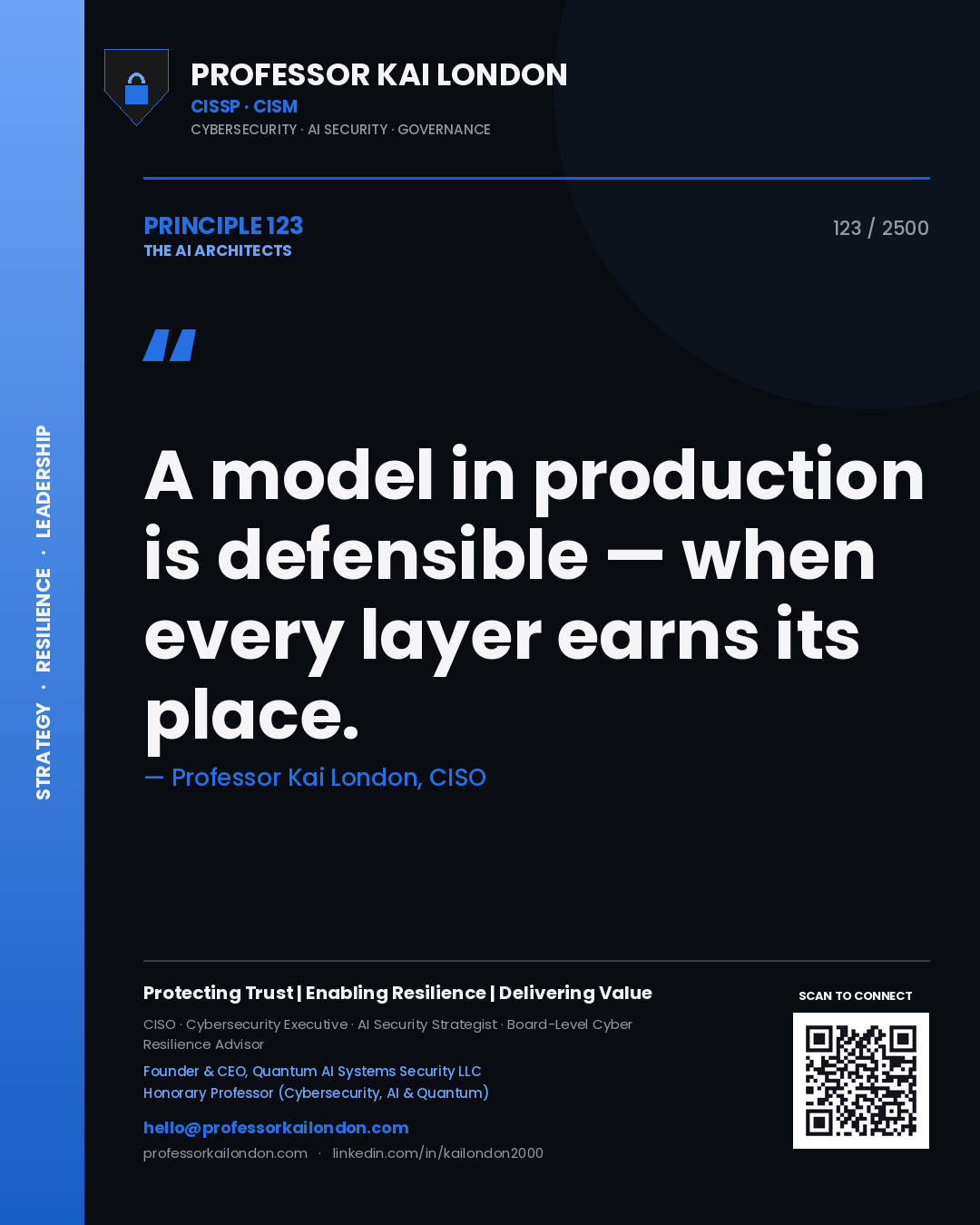 Professor Kai London principle 123: A model in production is defensible — when every layer earns its place.