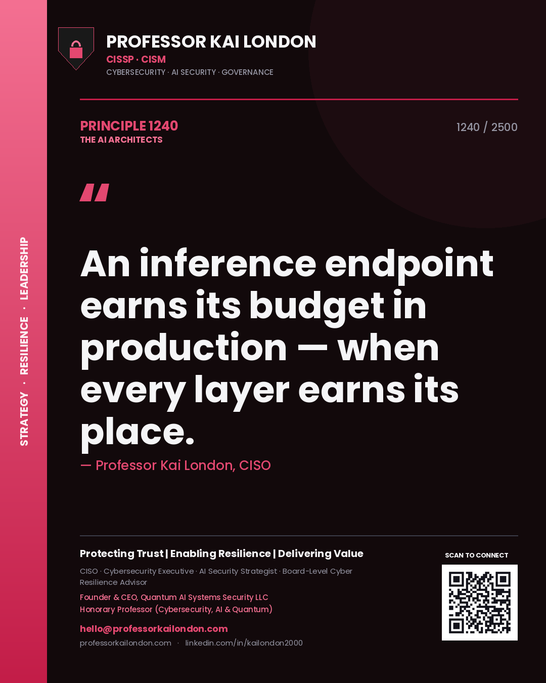 Professor Kai London principle 1240: An inference endpoint earns its budget in production — when every layer earns its place.