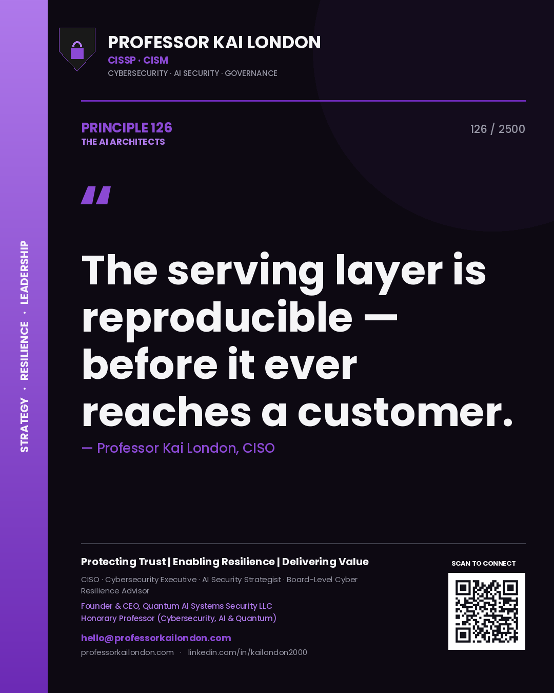 Professor Kai London principle 126: The serving layer is reproducible — before it ever reaches a customer.
